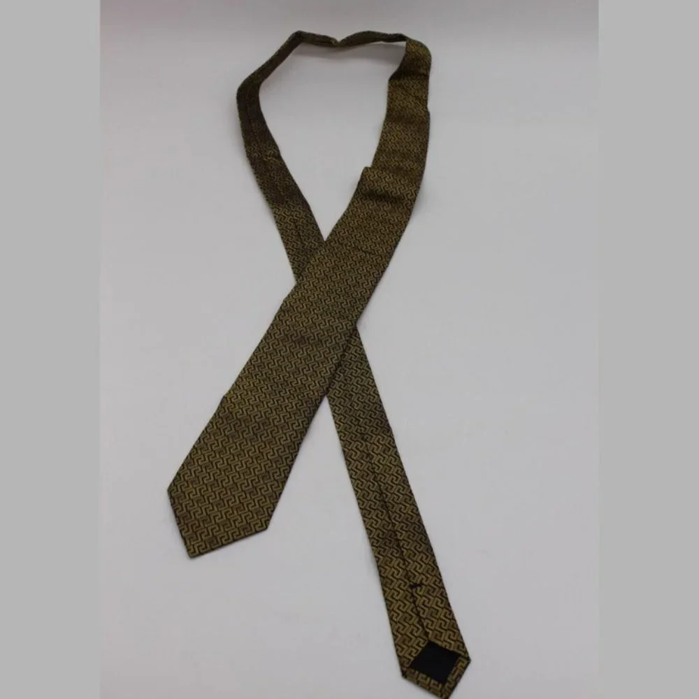 $250 Versace Medusa 100% Silk Tie - Gold/Black Greek Key Pattern - NWOT